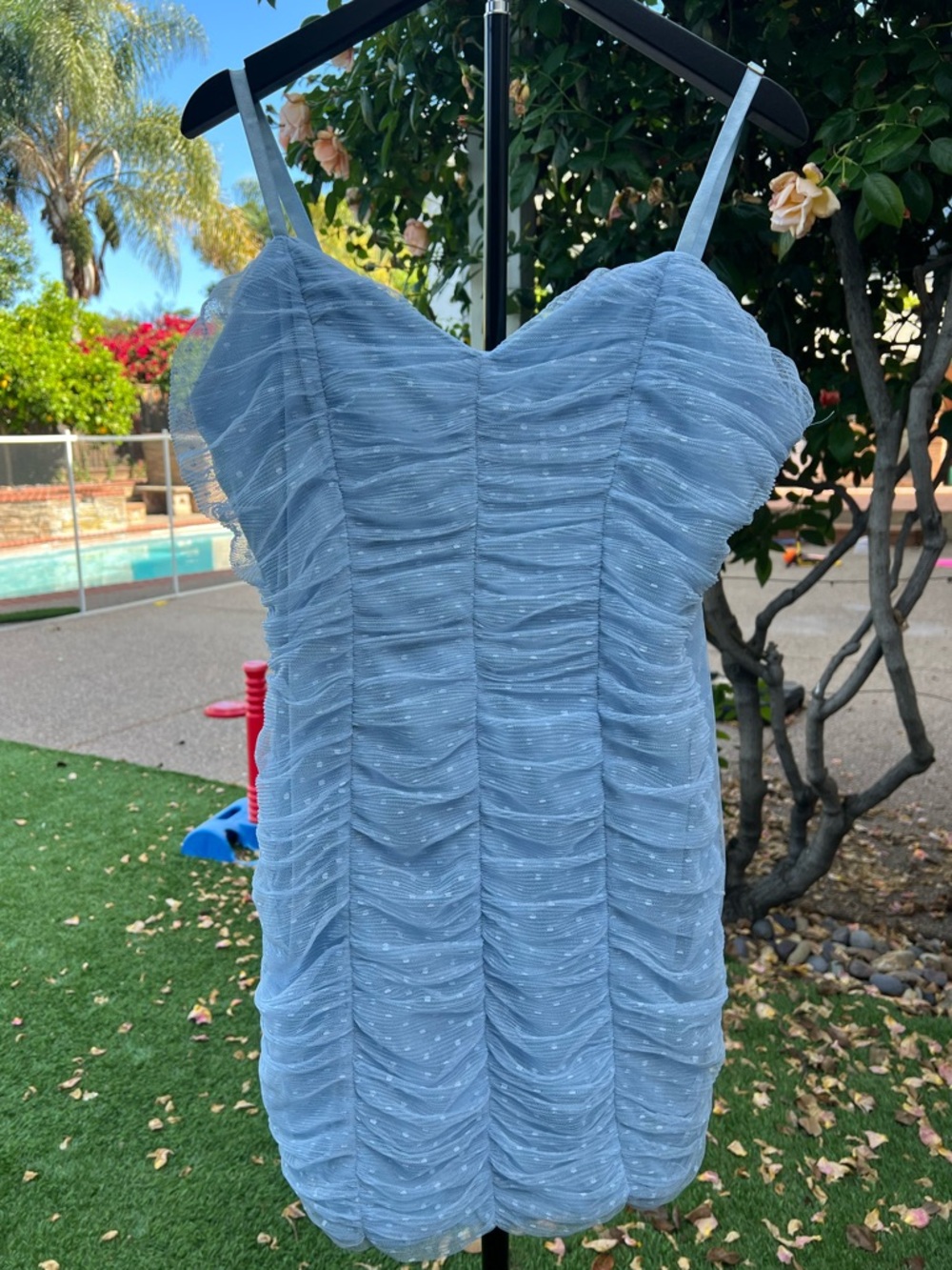 Soft Blue Ruched Spaghetti Mini Strap Dress Feminine Party Fit S–M (Tagged XL)